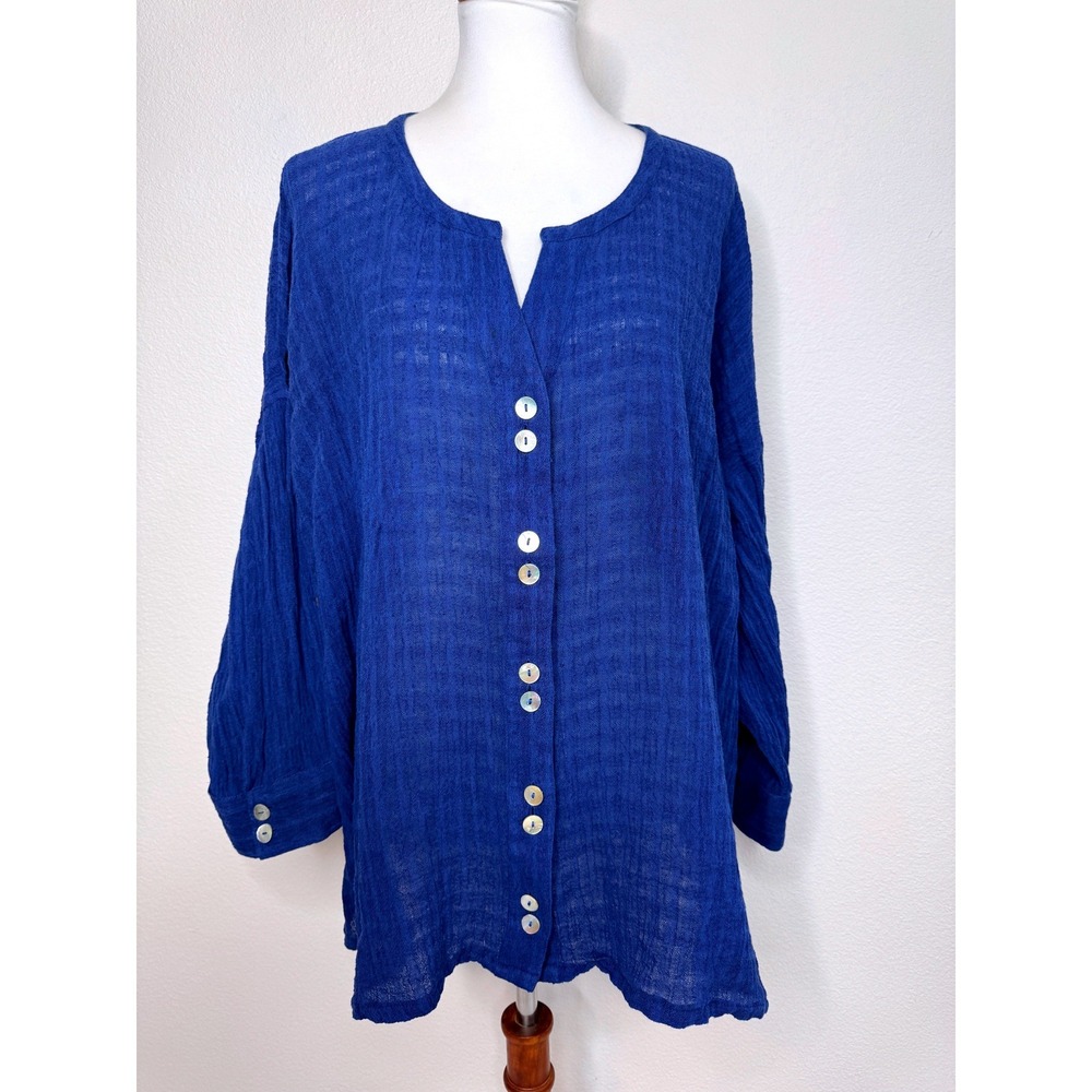 SOFT SURROUNDINGS Linen Cotton Blend Oversized Tunic 3X Blue Coastal Lightweight